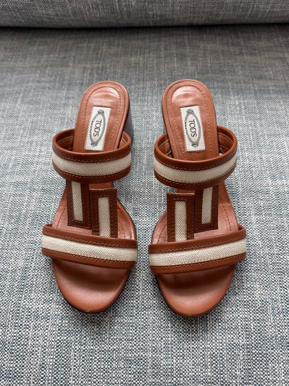 Tod's Double T Heeled Sandal | Brown Leather & Ivory White Canvas | Size 36 6